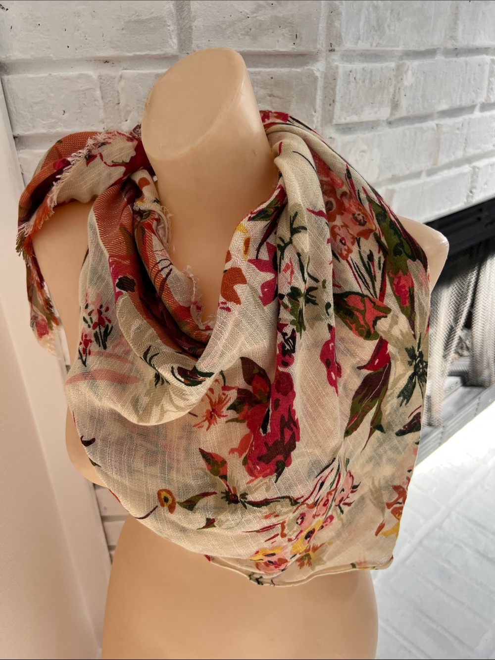 J. Jill Cream Floral Wrap Scarf with Pink & Green Accents